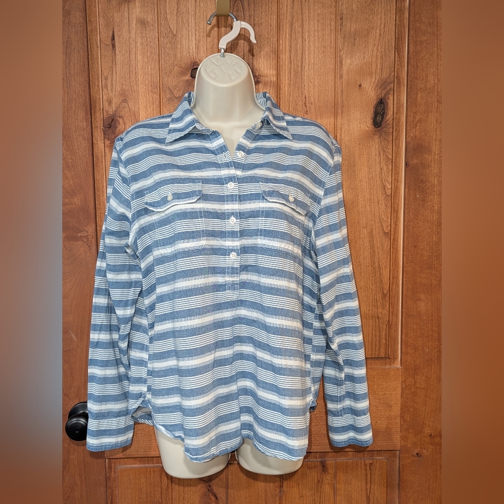 Chaps Blue and White Striped Half‎ Button Shirt